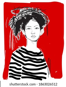 Girl in art vector illustration. Isolated  on simple color. Drawing, rough, artistic.