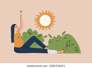 A girl with an artificial prosthesis on her leg is resting in nature. The concept of taking care of yourself, finding inner harmony and balance. Handicapped woman relaxing in the park