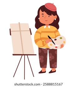 A girl artist in a beret stands in front of an easel with a palette in her hands.