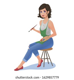 Girl artist with brush and paints isolated on a white background. Vector illustration beautiful woman artist sitting on a chair with watercolor paints and a brush. Woman art master.