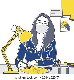 La chica es una artista, una diseñadora, sentada en una mesa, trabajando con una máscara, observando las reglas de la pandemia. Hay una lámpara sobre la mesa. La chica dibuja. Ilustración del vector de color.  Azul, amarillo.