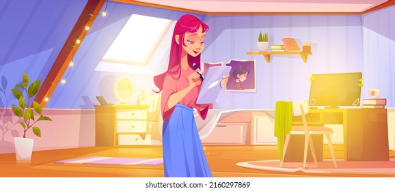 Girl artist draw on digital tablet in bedroom on attic. Vector cartoon illustration of mansard room interior with bed, computer, table and young woman graphic designer with pink hair