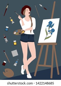 girl artist with drawing objects
