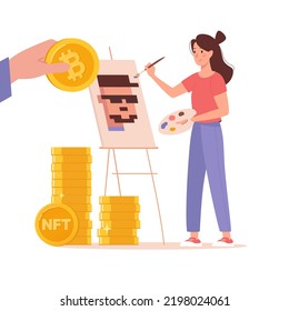 Girl artist draws pixel art pictures and sells non-fungible tokens for cryptocurrency. Buying a work of art online with bitcoins. Modern flat style vector illustration isolated on white background