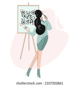 Girl artist draws a QR code on an easel. A young woman is holding a mobile phone with a qr code on the screen. Irony. Back view. The concept of the fight against covid. Vector flat isolated design.