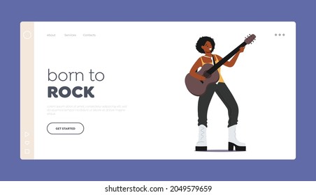 Girl Artist Guitar Player Landing Page Template. African Female Character Playing Acoustic Guitar Performing Rock or Country. Musician Singing and Playing Fun Melody. Cartoon Vector Illustration