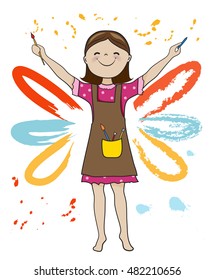 Girl artist holding pencil and paintbrush on paint splashes background cartoon vector illustration