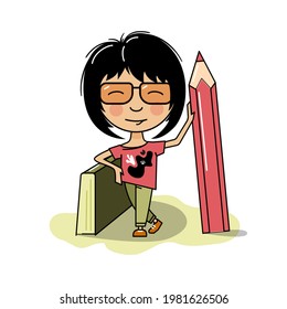 A girl artist with a large pencil. Vector isolated on a white background.