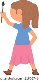 Girl artist with paint brush. Cartoon kid back view