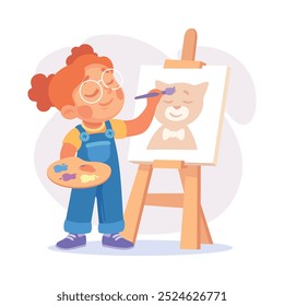 Girl Artist Paint with Drawing Easel as Child Profession Vector Illustration