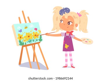 Girl artist painting. Little child drawing picture of flowers on canvas on easel with brushes, watercolours, palette vector illustration. Creating art activity isolated on white background.