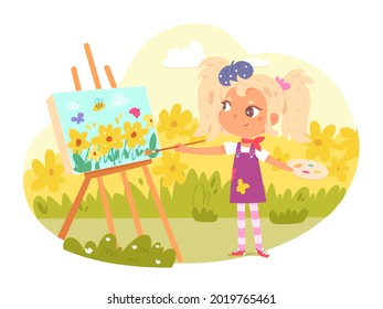 Girl artist painting outdoor. Little child drawing picture of flowers on canvas on easel with brushes, watercolours, palette vector illustration. Creating art in summer activity.