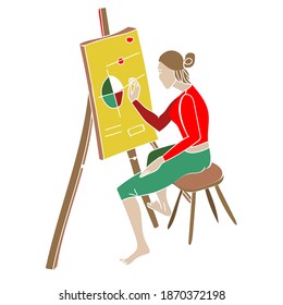 Girl artist is painting a picture with oil, acrylic or watercolor paintings,  canvas supported by an easel. Bright cartoon vector illustration for art school, online tutorial, social media profile.