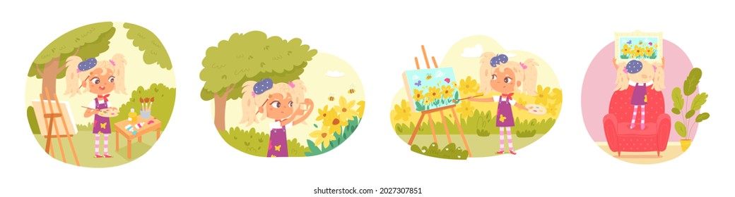 Girl artist painting set. Little child drawing outdoor picture of flowers on canvas on easel with brushes, watercolours, palette vector illustration. Hanging colorful art on wall.