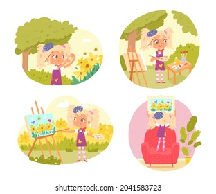 Girl artist painting set. Little child drawing outdoor picture of flowers on canvas on easel with brushes, watercolours, palette vector illustration. Hanging colorful art on wall.