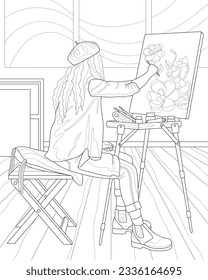 Girl artist paints on an easel. Coloring book for adults. Vector image.