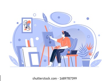 A girl artist paints a picture at home, behind an easel, holding a brush and palette. Home studio for the creative profession. Spend time. Vector illustration.