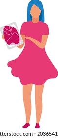 Girl asking about meat packaging semi flat color vector character. Full body person on white. Supermarket customer isolated modern cartoon style illustration for graphic design and animation