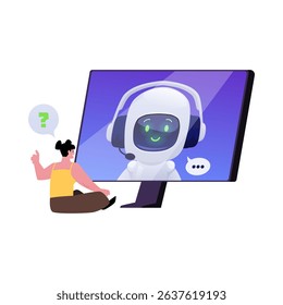 Girl asking and consulting with artificial intelligence robot on computer. AI assistant, chatbot customer service. Online client support vector flat illustration. Self-service experience