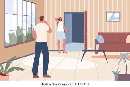 La chica le pide al chico que se vaya. Ruptura, fin de la relación y el amor, divorcio en familia. La pareja está rota, el fin romántico es el final. Mujer y hombre en la habitación, Ilustración vectorial