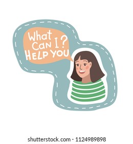 Girl asks - How Can I Help You? Cartoon vector illustration. Isolated. 