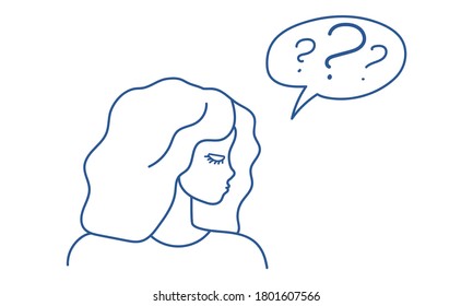 Girl asks yourself many questions. Hard choice, i do not know what to do. Woman has comparison, ratio, choice, contrast, hopeless. Line Vector illustration on white background.