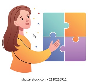Das Mädchen baut ein Puzzle.Konzept des logischen Denkens, analytischen Geistes, menschliche Intelligenz, Problemlösung, Brainstorming.