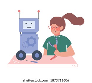 Girl Assembling And Programming Robot, Young Engineer Character Working On Future Technology Educational Project Cartoon Style Vector Illustration