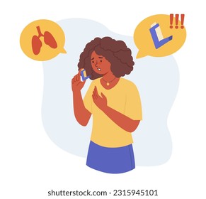 Girl with asthma and inhaler concept. Woman with disease of respiratory system and lungs. Character having difficulty breathing. Therapy and healthcare. Cartoon flat vector illustration