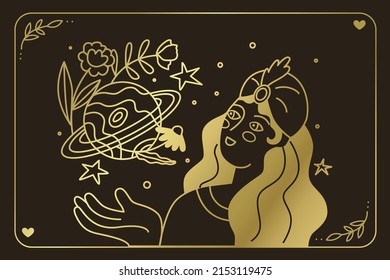 Girl astrologer. Astrology and business. Golden symbol with frame. Consultation of clients according to the sign of the zodiac. Flat style in vector illustration. 