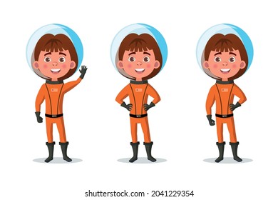 Girl astronaut cartoon character in various poses