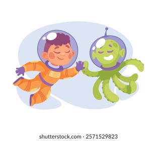 Girl Astronaut Character with Alien in Outer Space Exploring Universe Vector Illustration