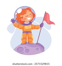 Girl Astronaut Character in Outer Space Exploring Universe Stand with Flag Vector Illustration