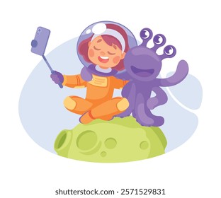 Girl Astronaut Character in Outer Space Take Selfie with Alien Exploring Universe Vector Illustration