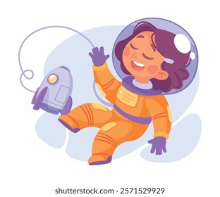 Girl Astronaut Character in Outer Space Exploring Universe Vector Illustration