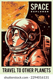 Girl astronaut colorful vintage poster with brave space traveler in spacesuit near starry sky and sun vector illustration