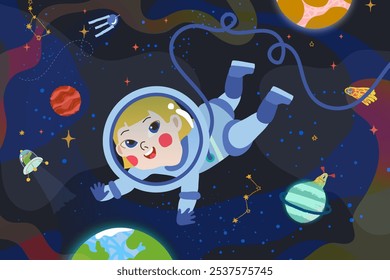 A girl astronaut is flying in outer space around the planet, Mars, earth, Jupiter, satellite, comet and aliens