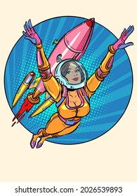 A girl astronaut is flying with a space rocket. Science fiction