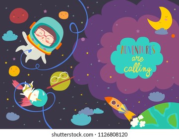 Girl astronaut with her unicorn