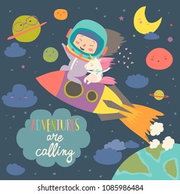 Girl astronaut with her unicorn riding a rocket