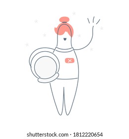 Girl astronaut holds a space helmet in his hands and waves her hand. Space traveler, colonist or scientist. Flat line cute vector illustration on white