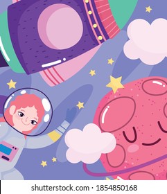 girl astronaut planet and shuttle space adventure galaxy cartoon vector illustration