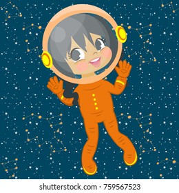 Girl astronaut seamless pattern.  Space Vector illustration. Stars paper for scrapbooking