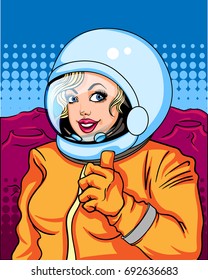 Girl astronaut in the style of pop art in space.