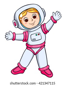 The girl in the astronaut's space suit. Vector cartoon illustration. Isolated on white.