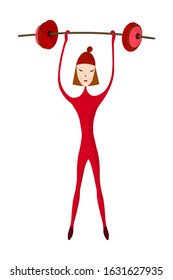 Girl athlete with a barbell in his hands. Strong slim woman in a red suit and hat. Flat vector isolated for you design. Fashionable fitness female. Cute character. Image for poster, banner, card.
