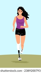 A girl athlete with a bionic prosthetic leg. Exercise running. Recovery and medical and rehabilitation. A fulfilling and happy lifestyle. Vector illustration