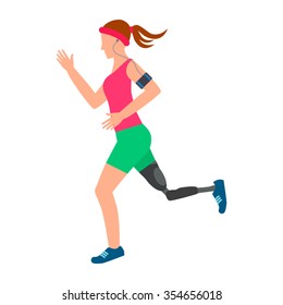 Girl athlete with a disability running in training in preparation for the Olympic Games. Plane icon. Vector illustration
