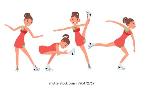 Girl Athlete Figure Skating. Ice Figure Skater Vector. Athletes Winter Sport. Synchron Dancer. Different Poses. Isolated Flat Cartoon Character Illustration
