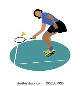 Girl athlete on the playground with badminton markings beats the shuttlecock with a racket from below